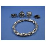 Four Stainless Steel Skull Rings W/Bracelet