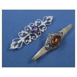 Two Vtg Sterling Silver Amber/Amethyst Brooches