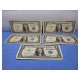 Five Blue Seal Silver Certificate Dollar Bills