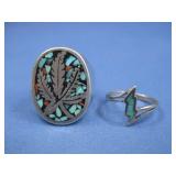 Two Crushed Turquiose & Coral Silvertone Rings