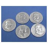 Five Franklin Half Dollars 90% Silver