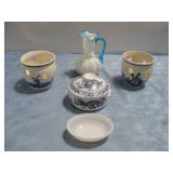 Two Delft Bulb Planters,Fenton Milk Glass Vase See