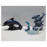 Four Dolphin Figures, Two Ceramic, Two Glass