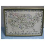Vtg Framed Embroidered Map US & State Flowers See