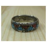 Silvertone Turquoise Coral Inlaid Ring
