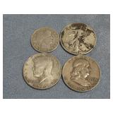 Four Coins 3 Half Dollars & 1 Dime 90% Silver