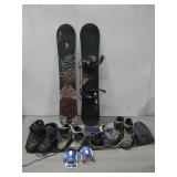 Two Snowboards W/Assorted Ski Boots See