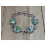 Green Satin Glass Bead Bracelet Hallmarked