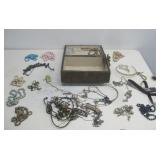 Vtg Wooden Box W/Assorted Beaded Jewelry & More