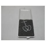 Silvertone Cross W/Double Hearts Pendant