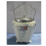 Vtg EPNS Ceramic Footed Jar W/Handle See Info