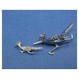 2 Roadrunner Pins/Brooches One Is Sterling Silver