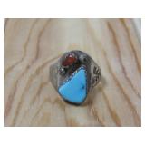 Sterling Silver Coral & Turquoise Ring Hallmarked