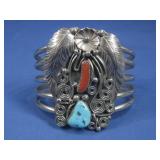 VTG Navajo Nickel Silver Coral/Turq Bracelet N/A