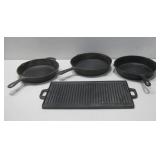 Three Cast Iron Skillets & 2-Sided Griddle See