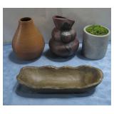 Two Pottery Vases, Planter, & Wood Bowl Tallest11'