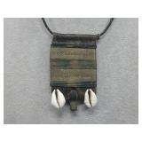 Vtg Tuareg Amulet Necklace Leather, Brass, Shell