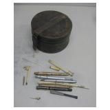Vtg Leather Covered Wooden Box W/Asst. Vtg Pens