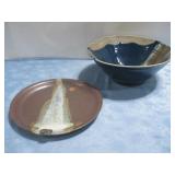 Fire Glazed Pottery Serving Bowl & Tray See Info