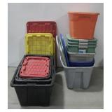 Eleven Plastic Totes W/Lids Assorted Sizes