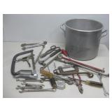Vtg Hand Tools In Stock Pot, Bow Saw, Wrenches