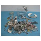 Glass Candy Jar Filled W/Various Jewelry & More