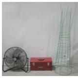 Metal Tool Box, Utilitech Fan & Tomato Cages See