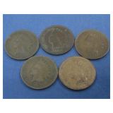 Five 1907 Indian Head Pennies