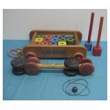 2 Vtg Wood Toys Playskool Wagon Pull Toy See Info