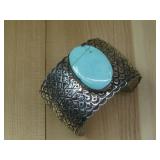 Sterling Silver Stamped Turq. Wide Bracelet See