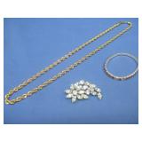 24Kgp Gold Plated Necklace, Vtg Brooch, Bracelet