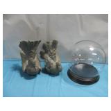 Two Resin Bronze Toned Bird Figures,Glass Orb Case