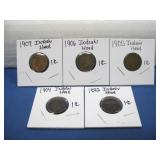 Five Indian Head Pennies See Info