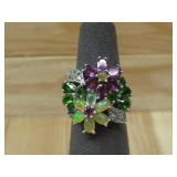 Sterling Silver Multi Color Floral Ring Hallmarked