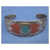 Vtg S.S. W/ Chip Inlay Cuff Bracelet Hallmarked