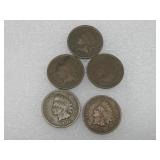 Five 1902 Indian Head Pennies