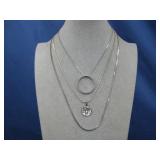 Three Silver Tone Necklace W/Two Pendants See Info