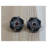 Vtg S.S. Stud Red Gemstone Marcasite Black See