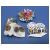 Three Brooches Cat, Floral & Tree Line