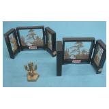 Two Vtg Chinese 3D Dioramas & Brass Cactus 4.5
