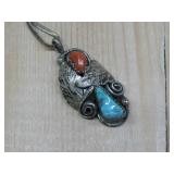 Sterling Silver Tested Turq. & Coral Pendant See