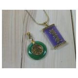 Gold Tone Green & Purple Pendant Necklace