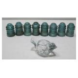 Eight Vtg Glass Insulators & Crystal Bird Dish