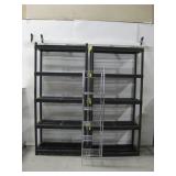 2 Plastic Storage Shelves & One Metal 6 Shelf Unit