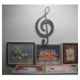 Five Framed Wall Art & Silvertone Treble Clef See