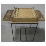 Wooden Chess Table W/Board & Pieces See Info