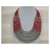 Vtg. African Ethnic Bib Necklace Red Beads See
