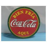 Vtg Porcelain Metal Coca-Cola Bien Fria Aqui Sign