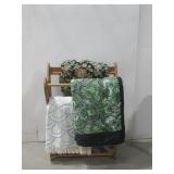 Vtg Oak Quilt Rack & Three Assorted Blankets See