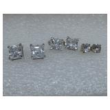 Three Sterling Silver CZ Stud Earrings Hallmarked
